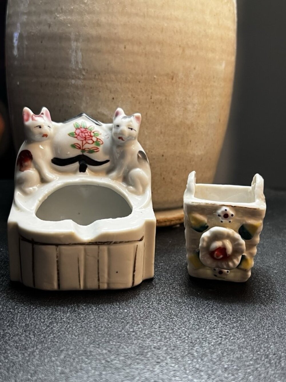 Japan Kitchy Cats On Basin Ashtray & Sweet Mini Basket Occupied Japan